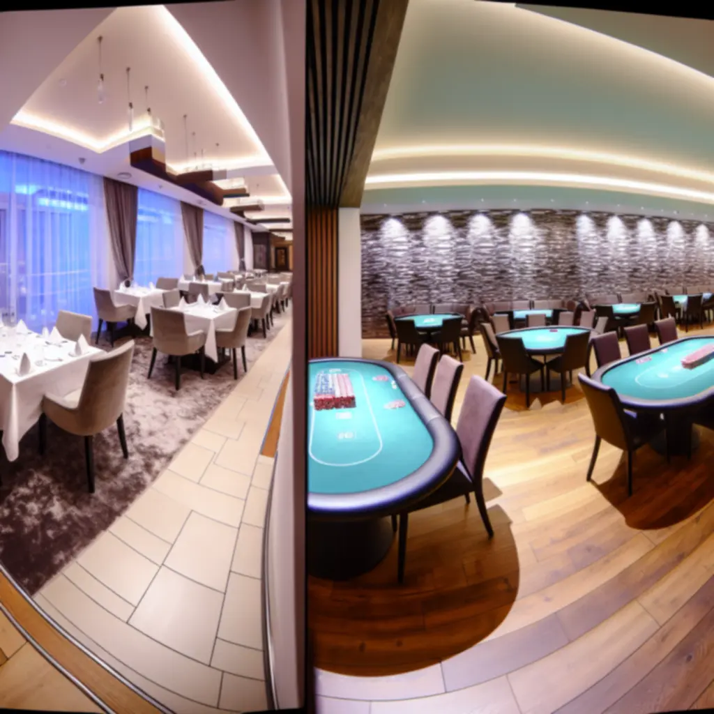 Modern éttermi és póker lounge enteriőr, hangulatos fényekkel